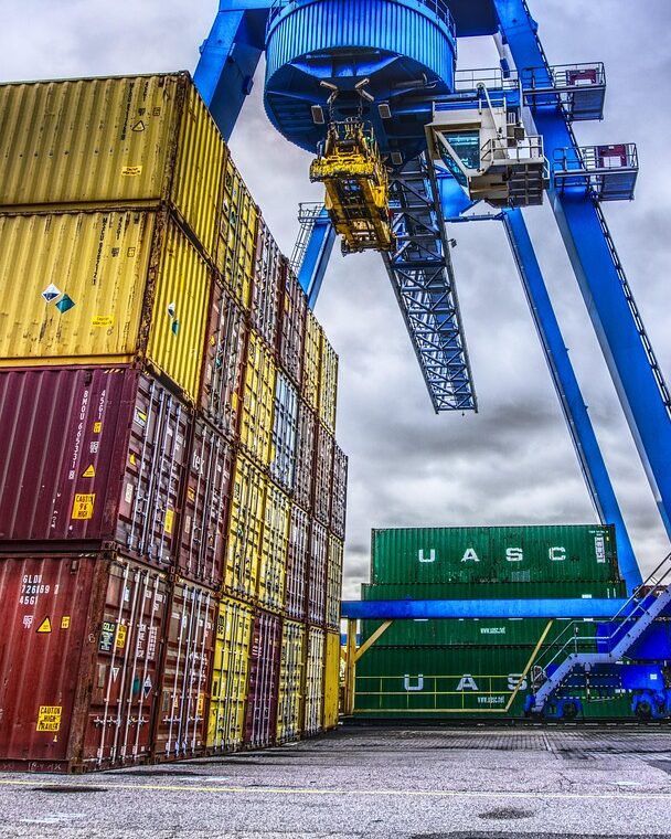 container, port, loading, stacked, container terminal, container handling, loading crane, crane, freight, transshipment point, germany, nature, to dye, heaven, clouds, hdr, contrast, high dynamic range, multicoloured, industry, company, heavy, stole